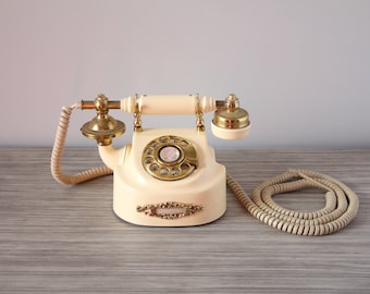 Vintage French Style Working Rotary Phone Solid Brass Hardware Ivory Plastic Body New York Telephone Company Photography Store Display Prop