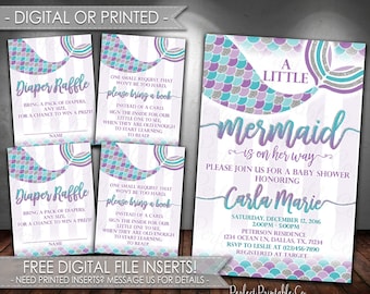 Mermaid Invitation, Mermaid Baby Shower Invitation, Mermaid Invite, Teal Aqua Purple Silver Glitter, Bundle, DIY Set, Package #500