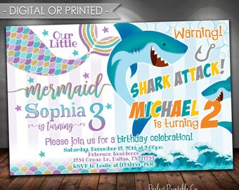 Mermaid Shark Invitation, Mermaid Shark Birthday Invitation, Mermaid Shark Birthday Party Invitation, Mermaid or Shark Invite, Sibling #633