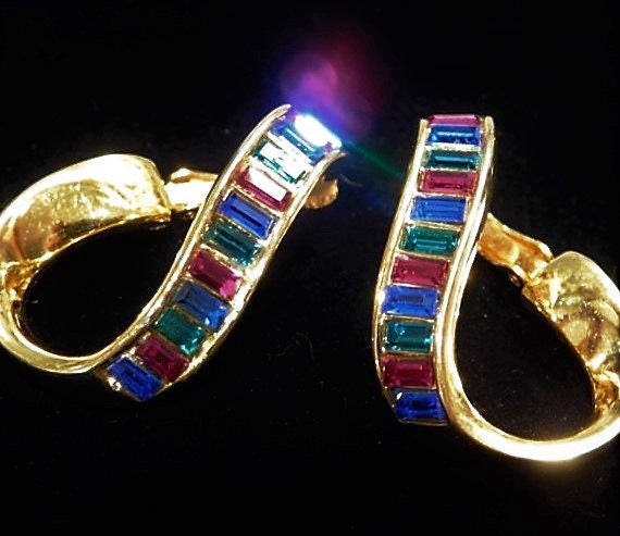 Swarovski Earrings Austrian Baguette Crystal SAL Ribbon Earrings Swarovski America Ltd Circa 1970s 1980s Retro Vintage Rainbow Colors