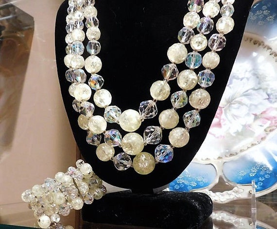 LAGUNA Necklace Bracelet Designer Signed Triple Strand Austrian Crystals AB Aurora Borealis Crackle Beads 1950s Mid Century Vintage Wedding