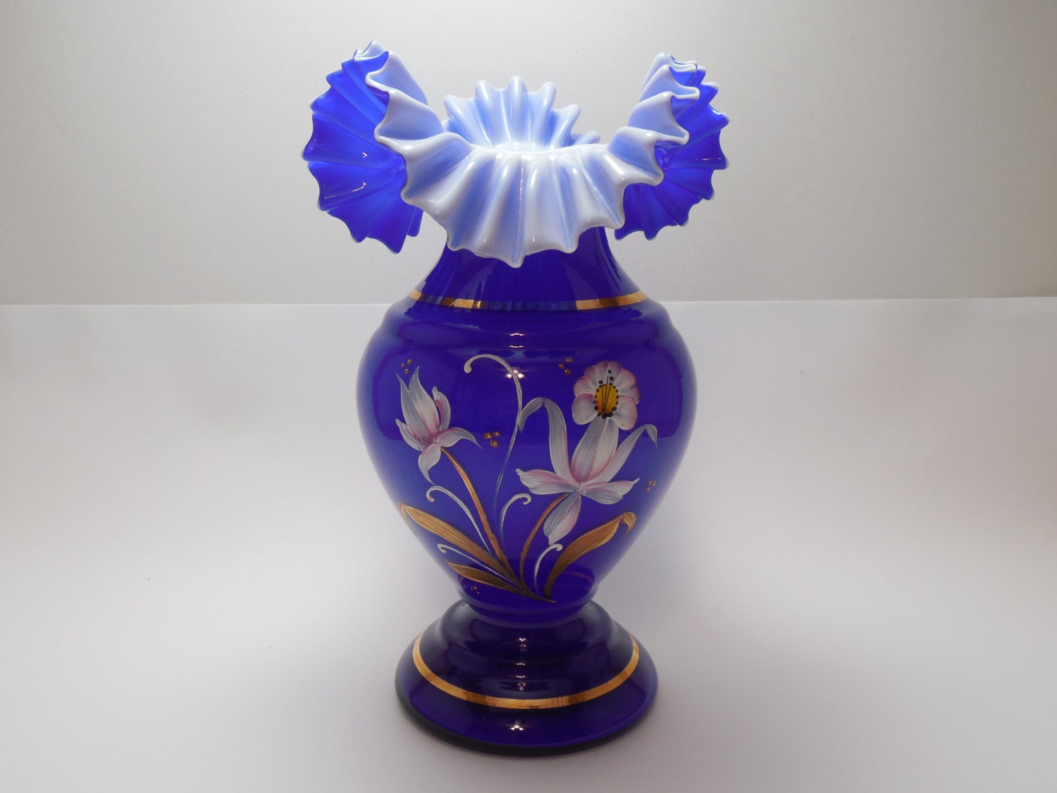 Vintage Fenton Blue Art Glass Vase Cobalt Blue Cased Glass