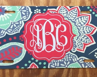 Floral monogram license plate flowers car tag personalized monogrammed