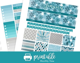 50% Off Printable Planner Stickers January Monthly View Kit! w/ Cut Files! Let it Snow/Winter Theme! For use with Erin Condren!