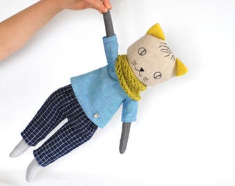 Cat boy, Cat doll boy, stuffed cat toy, linen cat boy, toys for boys, heirloom doll for boy, boys room decor, boy in handmade, modern cat