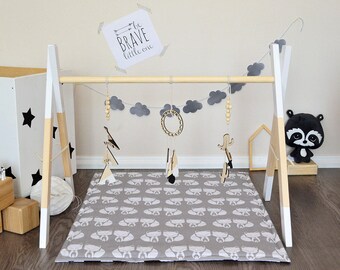 Modern Wooden Baby Gym with Gym Toys and Play Mat - White * Dream Catcher / Play Gym / Activity Gym