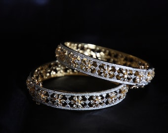 Cz Floral Pattern Bangles / Cz Bracelet / Indian Jewelry / Bridal Jewelry / Gold Finish Cz Bangles / Gift For Her / Bollywood Jewelry