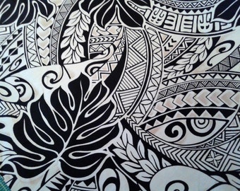 Black and Tan Polynesian Tattoo Fabric, Hawaiian Fabric, Aloha Shirt Material, Tribal Print, Island Fashion, 100% Cotton poplin