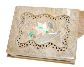 Carved Stone Box with Gemstone and Shell Inlay, Mother of Pearl Inlay, Soapstone Box, Stone Trinket Box, Hand Carved Jewelry Box