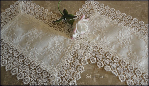 17" x 11" Set of Two Doilies Ivory Lace European Dresser Scarf or Place Mat