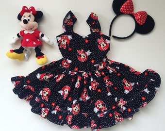 baby girl dress toddler dress girls dresses, disneyland outfit Minnie Mouse dress black polkadot red bow disney short sassy ruffle open back
