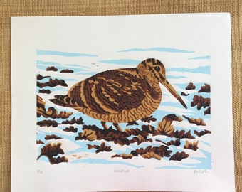 Woodcock bird linocut print - hand-pulled, limited edition