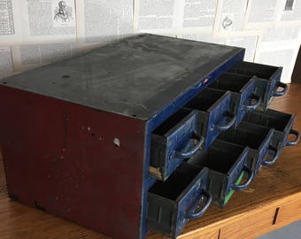 Vintage Industrial Metal Parts Drawer, Metal Cabinet, 8 Storage Drawers, Craft Storage, Rustic Deep Blue, Vintage Garage, Industrial Decor