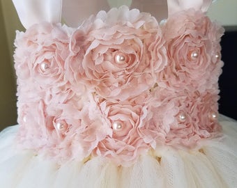 Blush flower girl dress,vintage dress,flower girl tutu dress,tulle flower girl dress,champagne flower girl dress,rustic flower girl dress