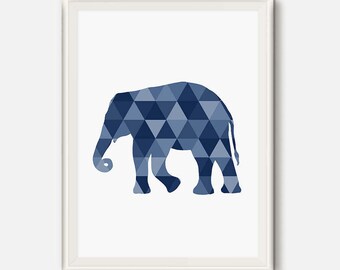Elephant Print, Geometric Animal Print, Elephant Art, Elephant Decor, Elephant Nursery, Modern Home Decor, Blue Navy Art, Triangle Wall Art