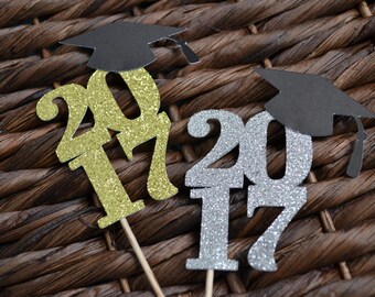 Graduation cupcake toppers .. Gold or silver... Class of 2017..