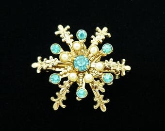 Teal Blue Rhinestone Snowflake Brooch, Rhinestone Brooch, Antique Brooches, Scatter Pins, Small Pins, Vintage Pins, Antique Pins