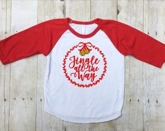 Christmas Red Raglan Shirt-Baby Christmas Shirt-Toddler Christmas Shirt-Childrens Christmas Shirt-Jingle All the Way-Red-Gold Glitter