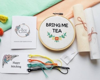Bring Me Tea Cross Stitch Kit - Tea Gift - Tea - Cross Stitch - Embroidery Kit - Tea Lover Gift - Tea Time - Modern Cross Stitch - UK