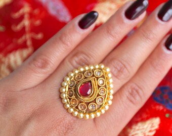 Antique Gold Ring with Ruby Stone and Pearl Border - Indian Jewelry, Indian Ring, Indian Wedding Jewelry, Gold Ring for Wedding, Ruby Ring