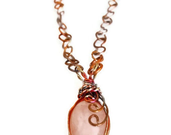 Copper Wrapped Rose Quartz Pendant, Flame Painted Copper Necklace, Love Stone Jewelry, Heart Chakra Necklace, Free US 1st Class Shipping
