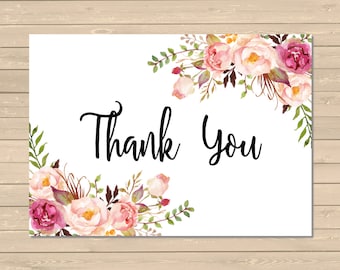 Printable Floral Boho Thank You Card, Pink Floral Thank You Card, Flat Postcard Style Thank You, Peonies Thanks Instant Download, 025-W