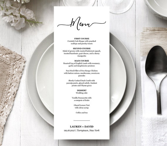 Menu Card Template Printable Wedding Menu Modern Dinner