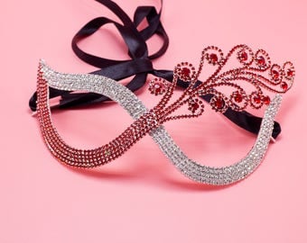 Luxury Crystal Eye Mask - Crystals Rhinestones Bridal Mask - Royal Masquerade Wedding Twinkle Red and Clear
