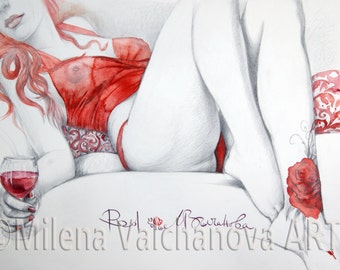 Red-Nude Pencil Drawing PRINT, Sensual Nude Art, Fine Art Nude, Contemporary Nude-Naked Woman