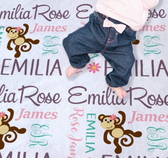 Monkey Baby Blanket Personalized Baby Name Blanket Baby