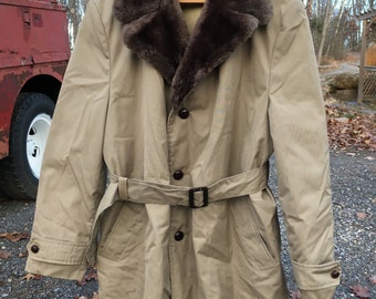 Vintage Rare LLBean Cotton Tan Jacket with Dyed Mouton Lamb Fur Collar Goose Down Insulation Belted Waist Scripted Cursive Lable Size 46