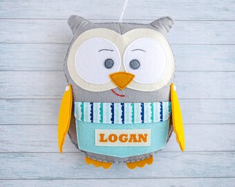 Soft toy Baby toys Owl figurine First ornament Cute kids room ideas Gift for son Graduation gift Custom for boy Grandson birthday Gray plush
