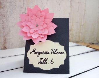Place card wedding, Pink flower name tag, Gray seating cards, Wedding escort cards, Paper table decoration, Elegant paper cards for wedding