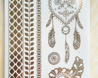 Body Tattoo Doré et argenté | Plumes | Attrape rêve en coeur| Arabesque | Encre imprimée | Style Bobo bohême & indien | Mignon et romantique