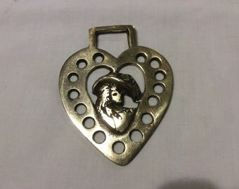 Vintage English Brass Bridle or Saddle Medallion - Heart Shaped Muskateer