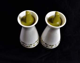 Vintage White and Green Pyrex Salt and Pepper Shakers/ 1970s Salt and Pepper Shakers