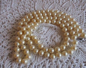Vintage Dark Cream Coloured Single Strand Pearl Necklace 34" L c1960 Knotted Strand with Pat. on clasp