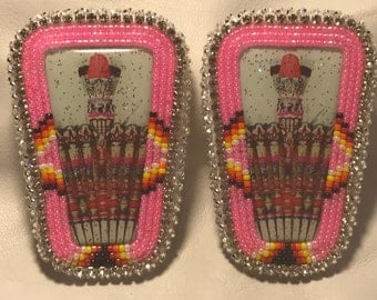 Native American made Beaded pink fan earrings