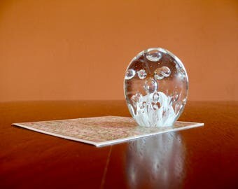 Clear Blown Art Glass Controlled Bubble, Oval Paperweight, Mother's Day Gift, Vintage Office Decor