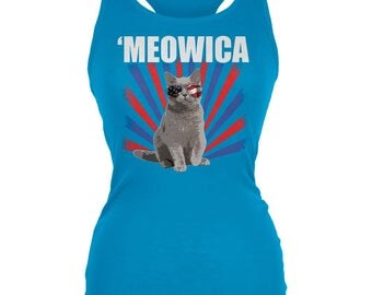 4th of July Meowica Pale Blue Juniors Tank Top