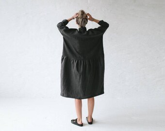 LINEN dress OVERSIZED dark grey LOOSE dress one size