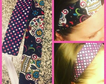 Reversible headband with sugar skulls and polka dots