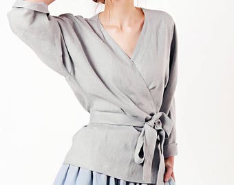 Linen Wrap Top, Grey Linen Top, Linen Tops for Woman, Linen Wrap, Linen Kimono blouse, Wrap Linen Clothing, Custom Linen Blouse