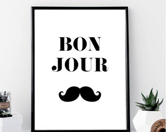 Bonjour Moustache Print // Minimalist // Wall Art Print // Watercolor // Fashion // Scandinavian Poster // Boho // Modern Office // Chic