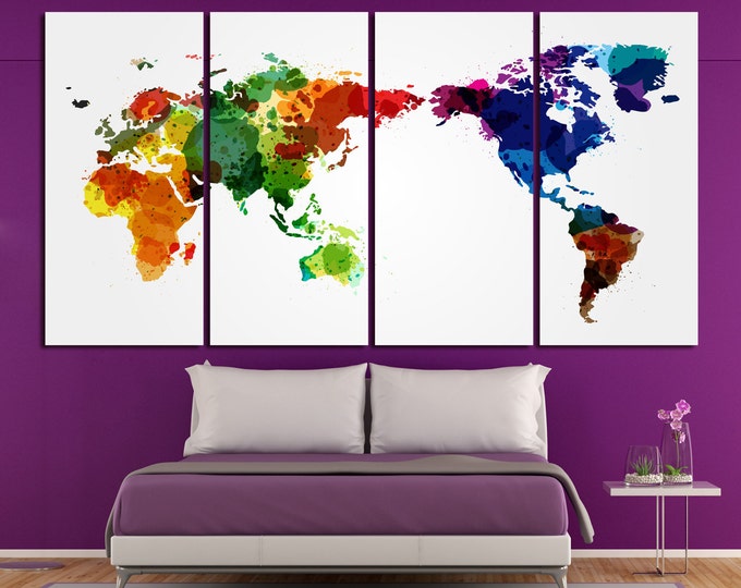 Colorful watercolor Large world map canvas, canvas 3 panel watercolor large world map, abstract large world map, set of 5 watercolor map