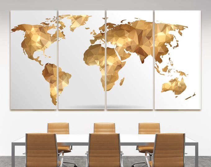Large Geometric World Map Canvas Set, Golden Polygonal Map, Abstract Wall Art 3,4 or 5 Panels Gold world map canvas wall art custom wall art