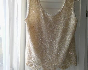 creme angora 1950's sequined evening top with beading