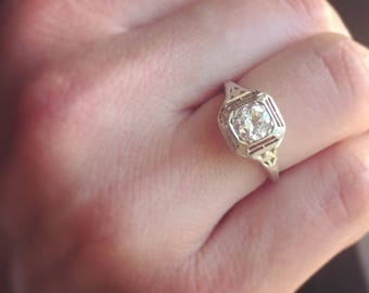 1920s Edwardian/Art Deco Vintage Engagement Ring, .60 Carat Transitional Cut Diamond, 14k White Gold Antique Engagement Ring, Bezel Setting