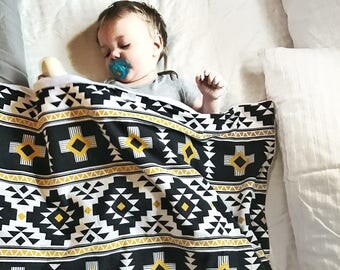 Tribal Baby Blanket - Soft Baby Blanket - Baby Blanket - Tribal Baby - Knit Baby Blanket - Black and White Baby Blanket - Gold Baby Blanket