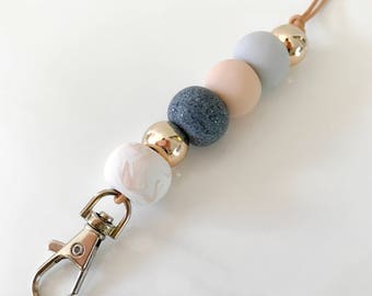 Blush pink, rose gold and granite beaded lanyard, key chain